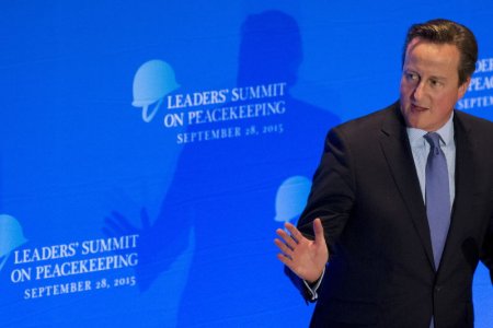 Britain's Prime Minister David Cameron addresses attendees during a Leaders Summit on Peacekeeping to coincide with the United Nations General Assembly at the United Nations in Manhattan New York