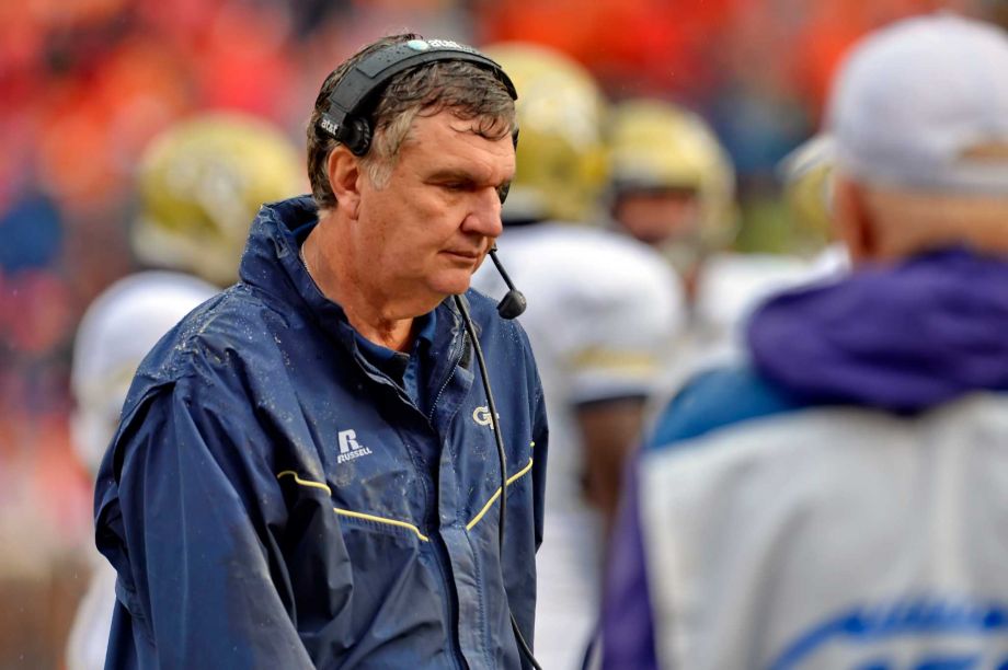 Georgia Tech head coach Paul Johnson walks the sidelines during the second half of an NCAA college football game against Clemson Saturday Oct. 10 2015 in Clemson S.C. Clemson won 43-24