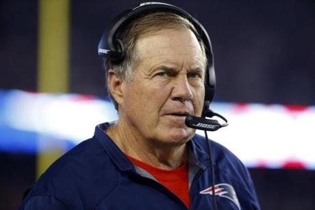 New England Patriots head coach Bill Belichick watches action from the sideline in the first half of an NFL football game against the New York Giants Thursday Sept. 3 2015 in Foxborough Mass