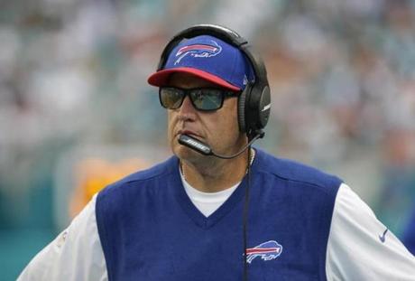 Buffalo Bills head coach Rex Ryan watches the game from the sidelines during the second half of an NFL football game against the Miami Dolphins Sunday Sept. 27 2015 in Miami Gardens Fla