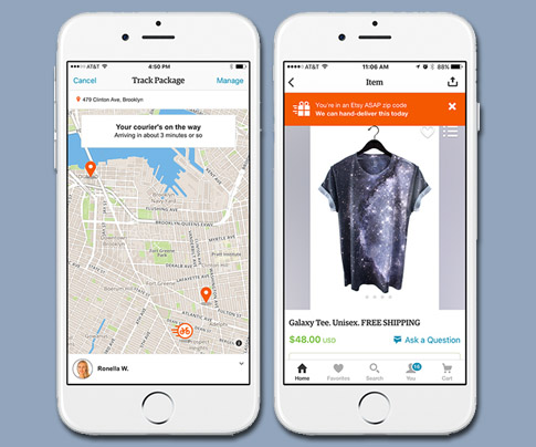 Above Mockup of the Sell on Etsy app showing the delivery tracking feature plus a listing available for Etsy ASAP delivery in the Etsy App