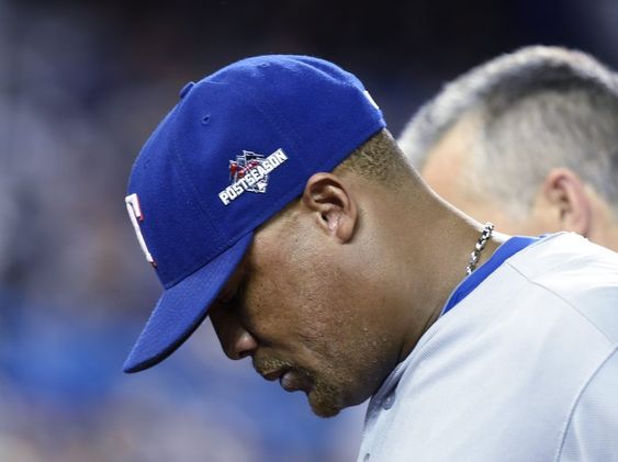 Beltre leaves the game escorted by a trainer after being injured in the third inning against the Toronto Blue Jays in Game 1 of the American League Division Series in Toronto on Thursday Oct. 8 2015. (Frank Gunn  The Canadi