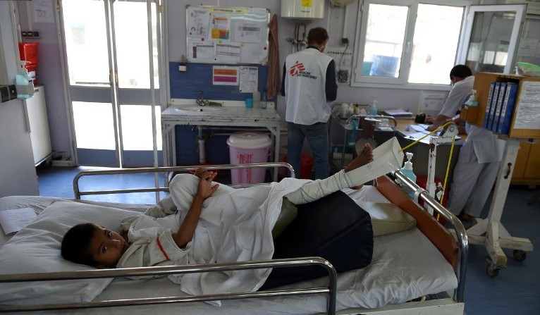 Afghan child receives treatment at the Medecins Sans Frontieres, or Doctors Without Borders hospital in the northern city of Kunduz after being wounded in a fight between the Taliban and Afghan securit