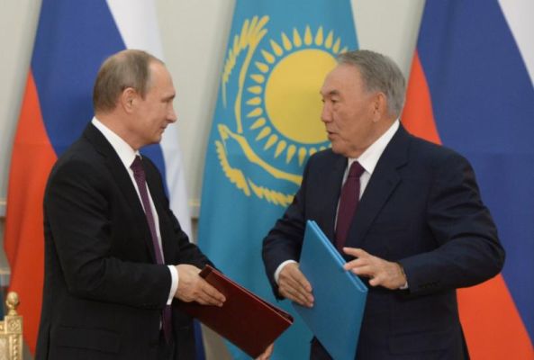 Russian President Vladimir Putin left and Kazakh President