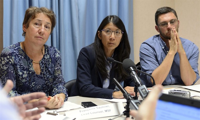 Francoise Saulnier Medecins Sans Frontieres MSF lead counsel Joanne Liu President of MSF International and Bruno Jochum Director General of MSF Switzerland from left to right attend a news conference on the US air strike on a hospital in Kunduz