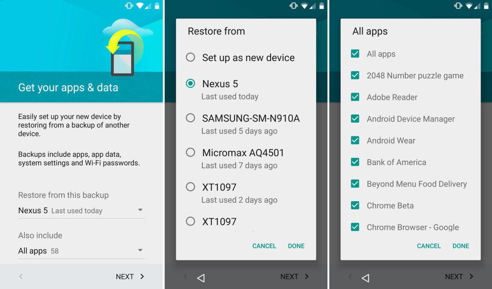 After logging in to your Google account the initial setup in Lollipop and above will let you choose which device profile you want to restore from