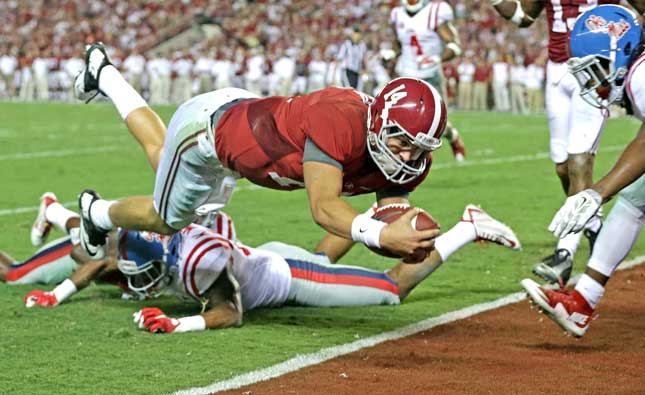 Alabama quarterback Jake Coker dives for the end zone for a touchdown against Mississippi during the second half of an NCAA college football game Saturday Sept. 19 2015 in Tuscaloosa Ala