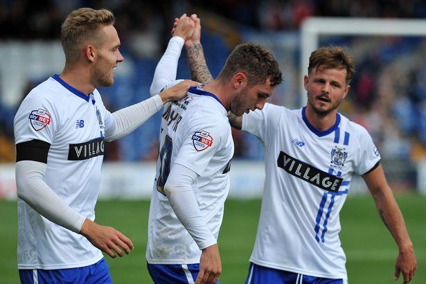 Bury's Danny Mayor celebrates his sides second goal during the Sky Bet League One game between Bury and Swindon Town at Gigg Lane