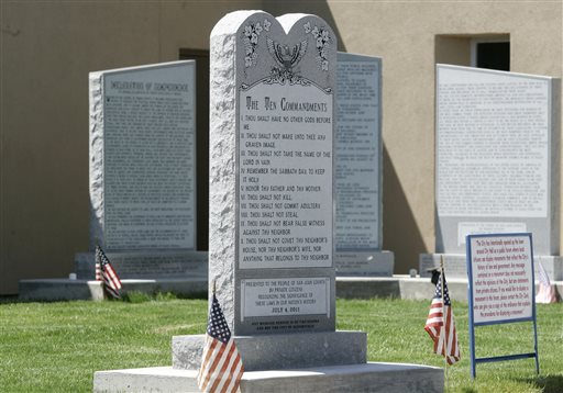 Ten Commandments monument at the City Hall in Bloomfield N.M. The New Mexico municipality that wants to keep a 6-foot-tall Ten Commandments monument outside city hall is asking a federal appeals court to over