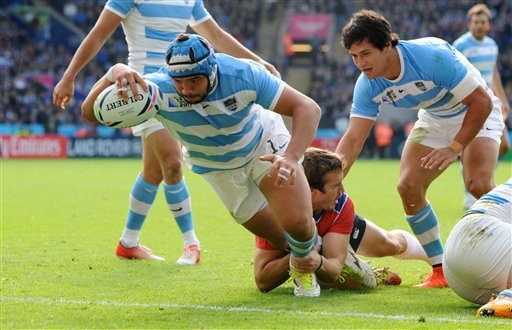 Argentina's Lucas Noguera scores a try during the Rugby World Cup Pool C match between Argentina and Namibia at the Leicester City Stadium Leicester England Sunday, Oct. 11 2015