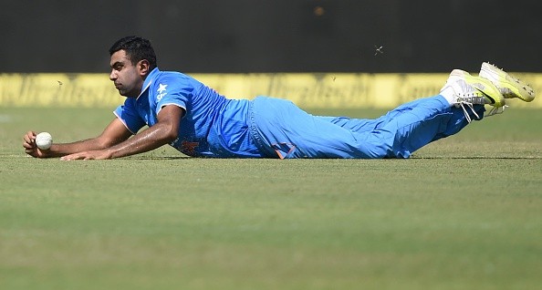 Ashwin dives during the first ODI match in Kanpur