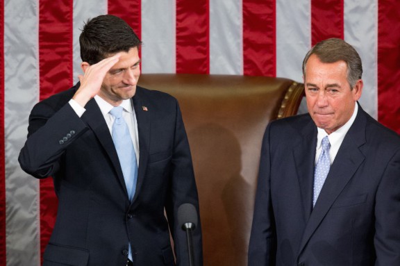 New House Speaker Paul Ryan R-Wis. salutes his predecessor John Boehner R-Ohio