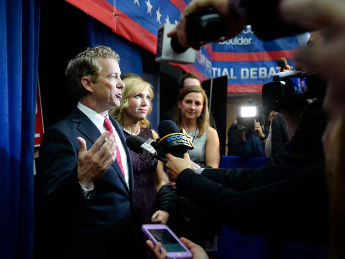 Republican presidential candidate Rand Paul speaks with members of the media after the CNBC Republican presidential debate Wednesday. Associated Press