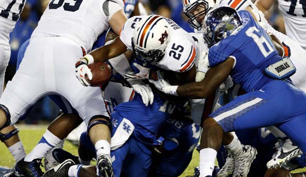 Oct 15 2015 Lexington KY USA Auburn Tigers running back Peyton Barber dives for a touchdown against the Kentucky Wildcats in the second half at Commonwealth Stadium. Auburn defeated Kentucky 30-27. Mandatory Credit Mark Zerof-USA TODAY Sports