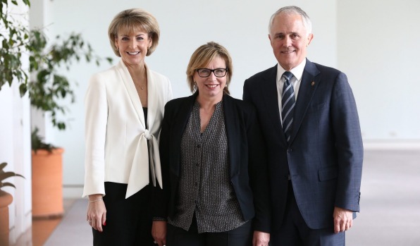 Minister for Wmen Michaelia Cash with Rosie Batty at centre and Prime Minister Malcolm Turnbull who said Australia must have zero tolerance of violence against women