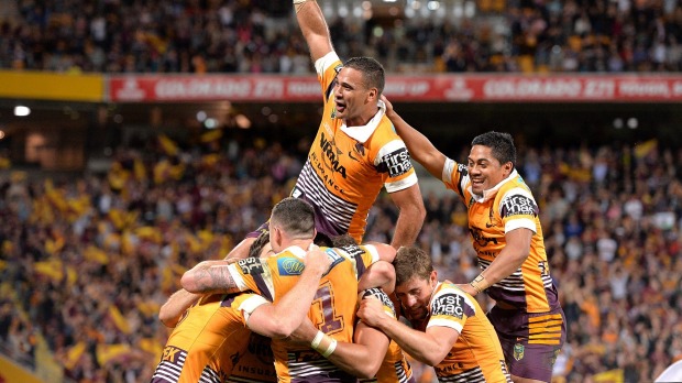 Big win Justin Hodges and the Broncos celebrate a try by centre Jack against the Sydney Roosters at Suncorp Stadium