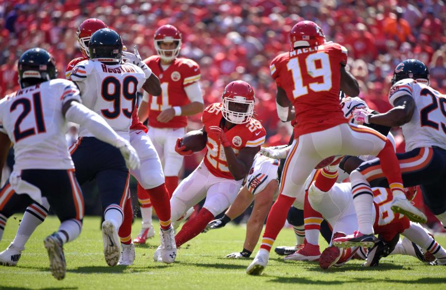 Kansas City Chiefs running back Jamaal Charles runs with the ball during the first half of an NFL football game against the Chicago Bears in Kansas City Mo. Sunday Oct. 11 2015