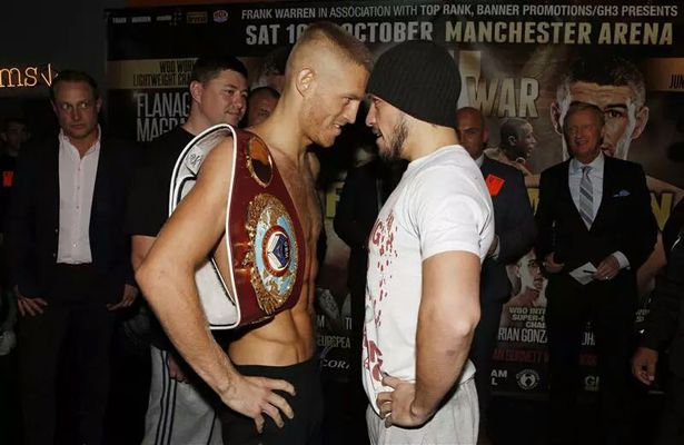 Terry Flanagan and Diego Magdaleno face-up at weigh-in ahead of their WBO lightweight clash