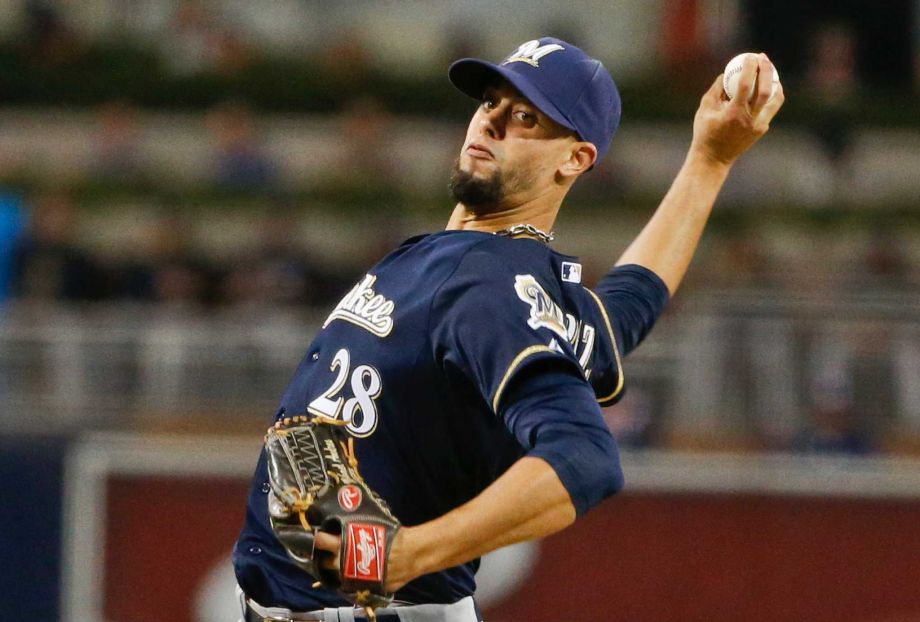 Milwaukee Brewers starting pitcher Jorge Lopez throws against the San Diego Padres in the first inning of a baseball game Tuesday Sept. 29 2015 in San Diego