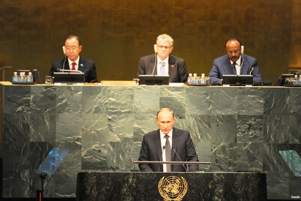 Russian President Vladimir Putin speaks during the opening of the 70th session of the United Nations General Assembly at the U.N. headquarters