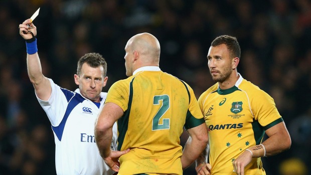 Nigel Owens yellow-cards Quade Cooper during the Rugby Championship in August