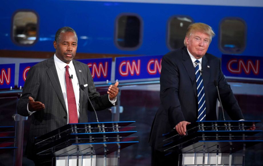 Republican presidential candidates businessman Donald Trump right and Ben Carson appear during the CNN Republican presidential debate at the Ronald Reagan Presidential Library and Museum in Simi Valley Calif