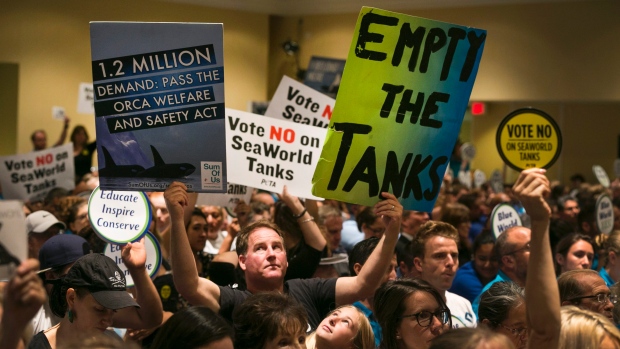 Animal rights activist Kirby Kotler with his daughter Kirra 12 from Malibu Calif. look up at the signs they're holding as opponents and supporters fill the room during a California Coastal Commission meeting Thursday in Long Beach Calif. T