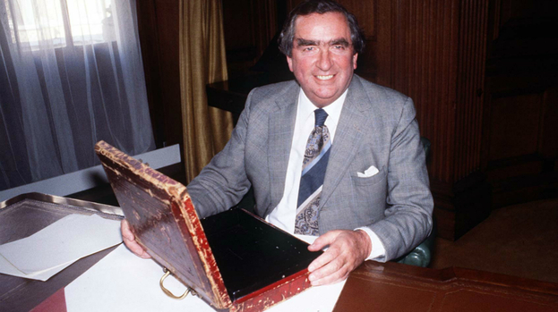 Former Chancellor of the Exchequer Denis Healey in the Treasury. Dated 6/4/1978. Uploaded October 3 2015