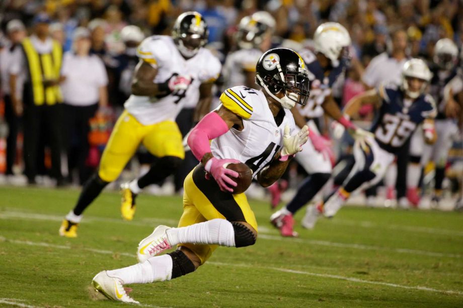 Pittsburgh Steelers cornerback Antwon Blake runs on his way to a touchdown off an interception while playing the San Diego Chargers during the second half of an NFL football game Monday Oct. 12 2015 in San Diego