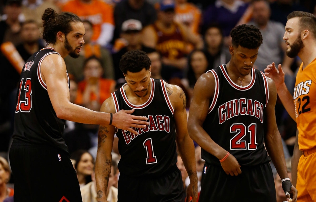 Chicago Bulls&#039 Joakim Noah Derrick Rose and Jimmy Butler