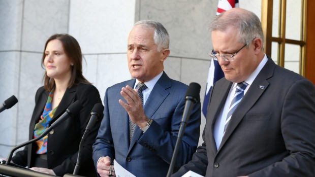 Prime Minister Malcolm Turnbull addresses the media during a joint press conference with Treasurer Scott Morrison and Minister for Small Business and Assistant Treasurer Kelly O'Dwyer