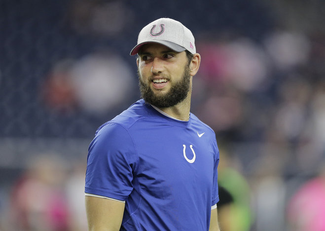 Indianapolis Colts Andrew Luck watches his teammates warm up before an NFL football game against the Houston Texans Thursday Oct. 8 2015 in Houston. Luck will miss the game with an injury. Indianapolis Colts Andrew Luck