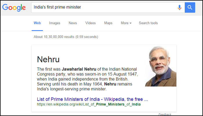 Search for 'India's first prime minister&#039 on Google shows Narendra Modi's pic