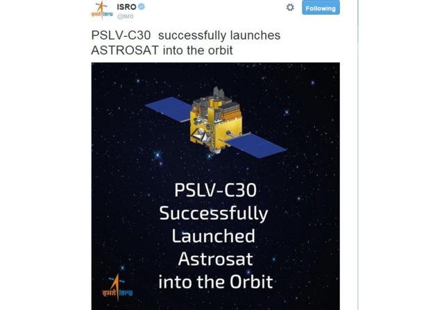 Tweet from Isro saying PSLV-C30 successfully launched Astrosat into orbit