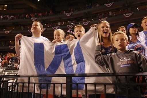 Chicago Cubs fans cheer after the Cubs defeated the St. Louis Cardinals 6-3 in Game 2 in baseball's National League Division Series Saturday Oct. 10 2015 in St. Louis