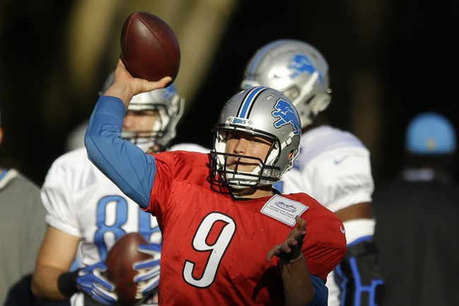 Detroit Lions quarterback Matthew Stafford takes part in a training session at the Grove Hotel in Chandler's Cross England Wednesday Oct. 28 2015. The Detroit Lions are due to play the Kansas City Chiefs at Wembley stadium in London on Sunday in a reg