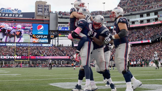 Danny Amendola and Rob Gronkowski of the New England Patriots celebrate