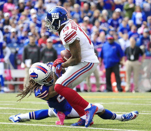 Buffalo Bill cornerback Stephon Gilmore left did not take kindly to the behavior of New York Giant wide receiver Odell Beckham Jr. right on Sunday