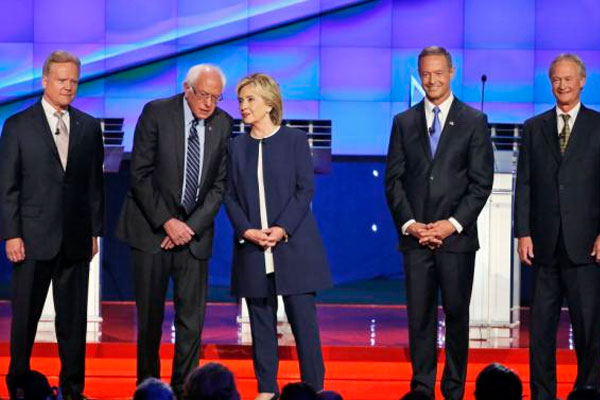 Democratic presidential take the stage before the CNN Democratic presidential debate Tuesday Oct. 13 2015 in Las Vegas