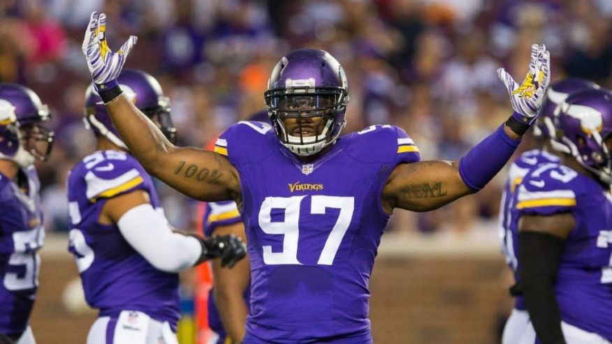 Aug 22 2015 Minneapolis MN USA Minnesota Vikings defensiive lineman Everson Griffen signals the fans in the first quarter against the Oakland Raiders at TCF Bank Stadium. Mandatory Credit Brad Rempel-USA TODAY Sports