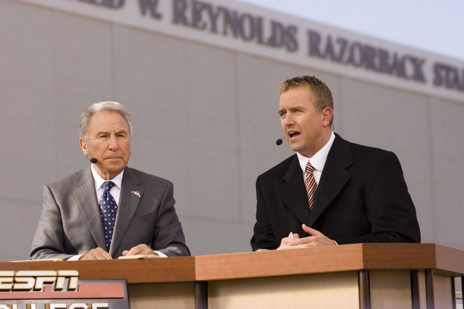 FAYETTEVILLE AR- NOVEMBER 11 ESPN College Game Day Lee Corso and Kirk Herbstreit on the campus of the Arkansas Razorbacks before a game against the Tennessee Volunteers at Donald W. Reynolds Stadium