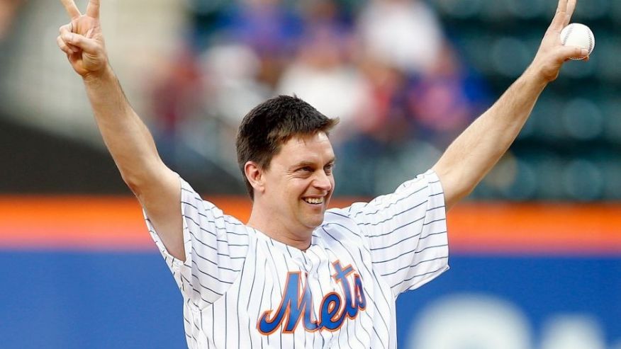 NEW YORK NY- MAY 29 Comedian Jim Breuer throws out the first pitch before a game between the Miami Marlins and New York Mets