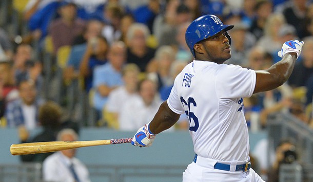 Aug 11 2015 Los Angeles CA USA Los Angeles Dodgers right fielder Yasiel Puig hits a 3 RBI triple in the fifth inning of the game against the Washington Nationals at Dodger Stadium. Mandatory Credit Jayne Kamin-Oncea-USA TODAY Sports