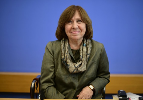 AFP  John MacDougallBelarussian writer and dissident Svetlana Alexievich laureate of the 2015 Nobel Literature Prize smiles during a press conference in Berlin