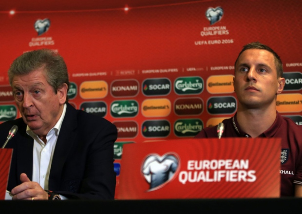 England Manager Roy Hodgson with captain Phil Jagielka during the press conference at the Novotel Vilnius Centre