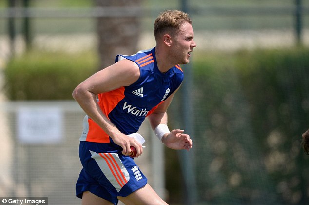 England fast bowler Stuart Broad charges in as players contend with searing heat while training in Dubai