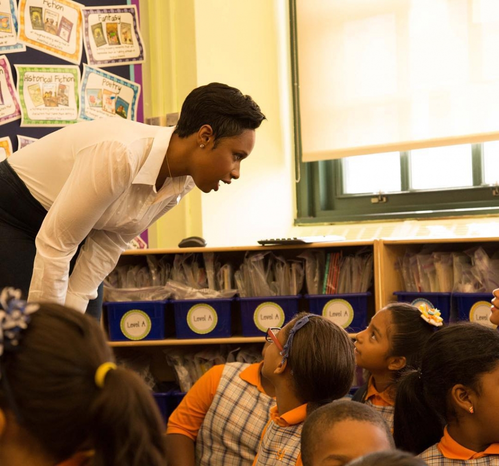 Jennifer Hudson speaks to students at a NYC charter school