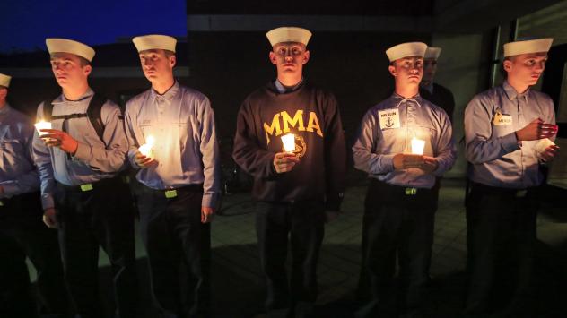 Maine Maritime Academy students attend a Tuesday evening vigil of hope for the missing crew members of the U.S. container ship El Faro