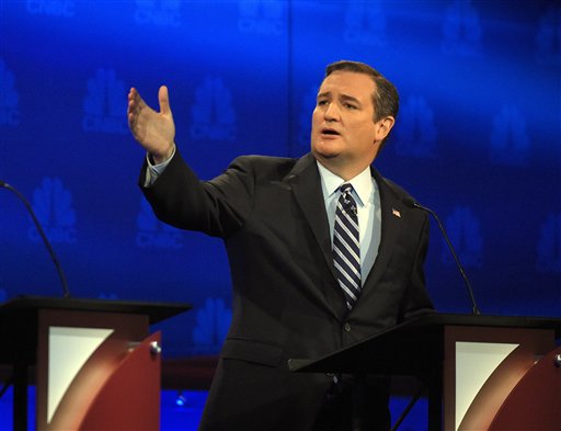 Republican presidential candidate Sen. Ted Cruz r-Texas talks about the mainstream media during the CNBC Republican presidential debate at the University of Colorado in Boulder Colo. Cruz says the U.S. adopt a European-sty