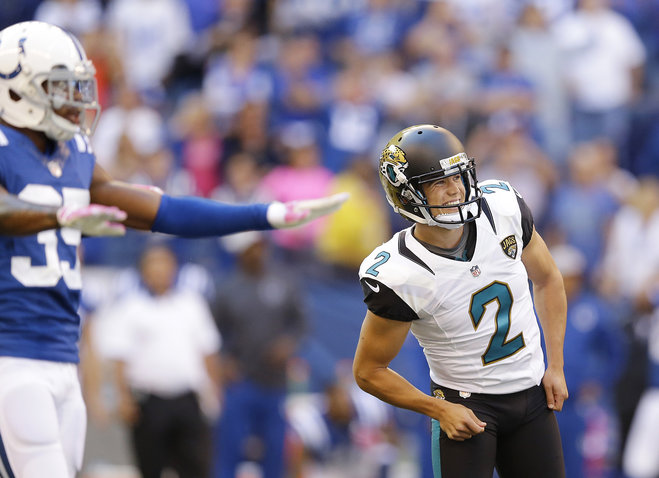 Jacksonville Jaguars Jason Myers watches as he misses a potential game winning field goal as Indianapolis Colts Josh Thomas reacts late in the second half of an NFL football game Sunday Oct. 4 2015 in Indianapolis